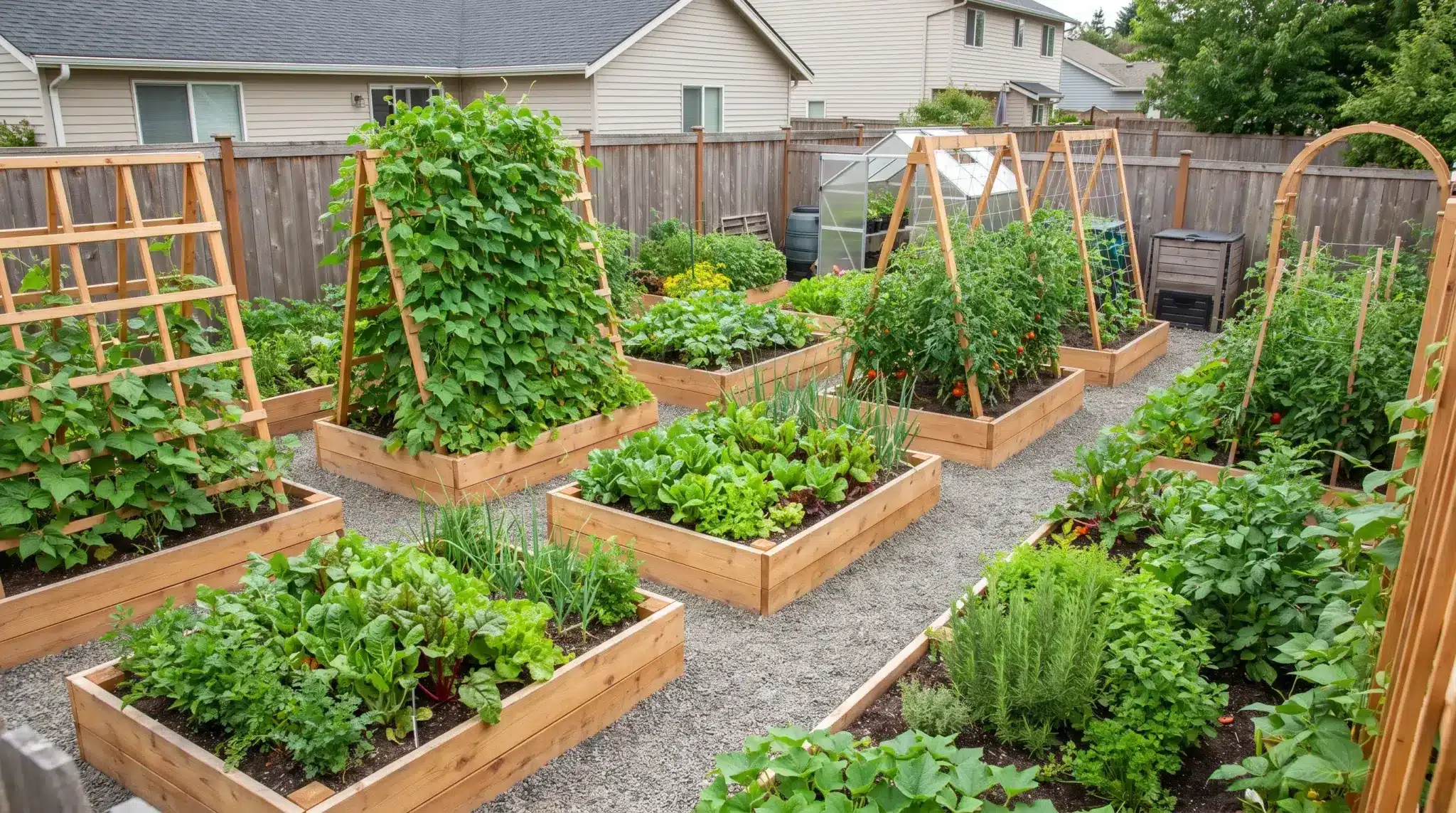 Raised garden beds with vertical trellises, leafy vegetables, and organized planting areas in a productive backyard garden.