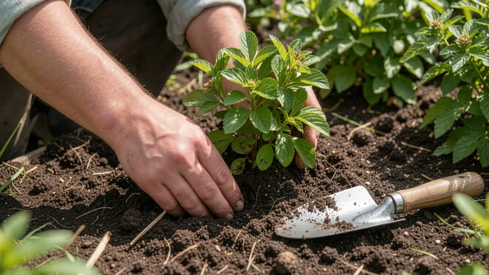 Gardener checking soil drainage around a newly planted perennial