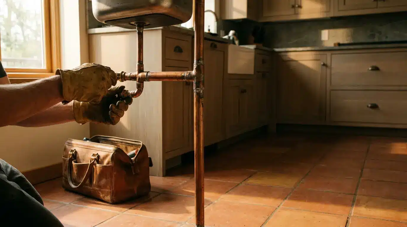 Man in gloves repairing copper pipes under sink in sunlit kitchen