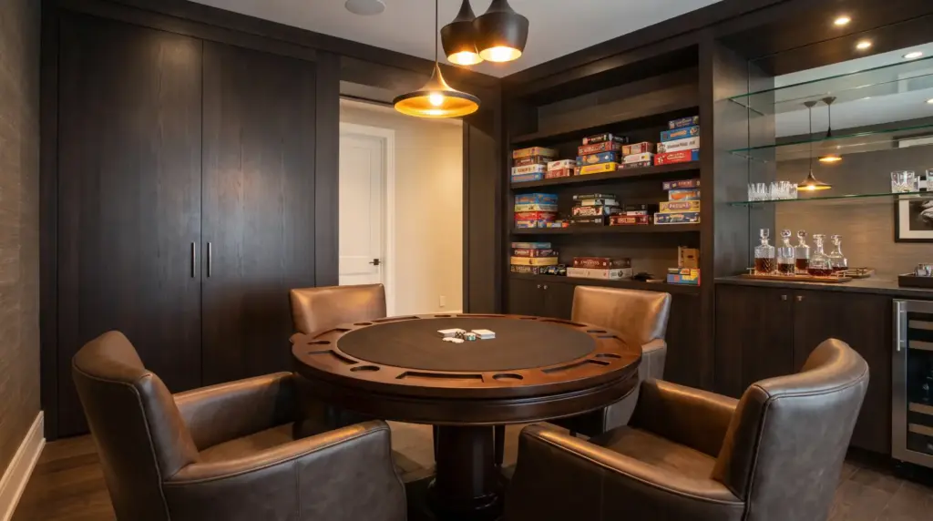 Poker and game table area with leather chairs, game storage, and lounge decor in a stylish man cave.