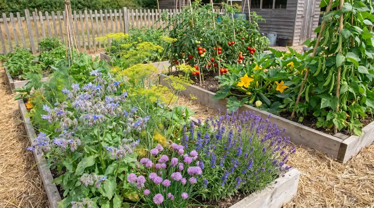 Flowering herb garden with bees on borage, fennel, chives, lavender, and hyssop beside vegetable beds