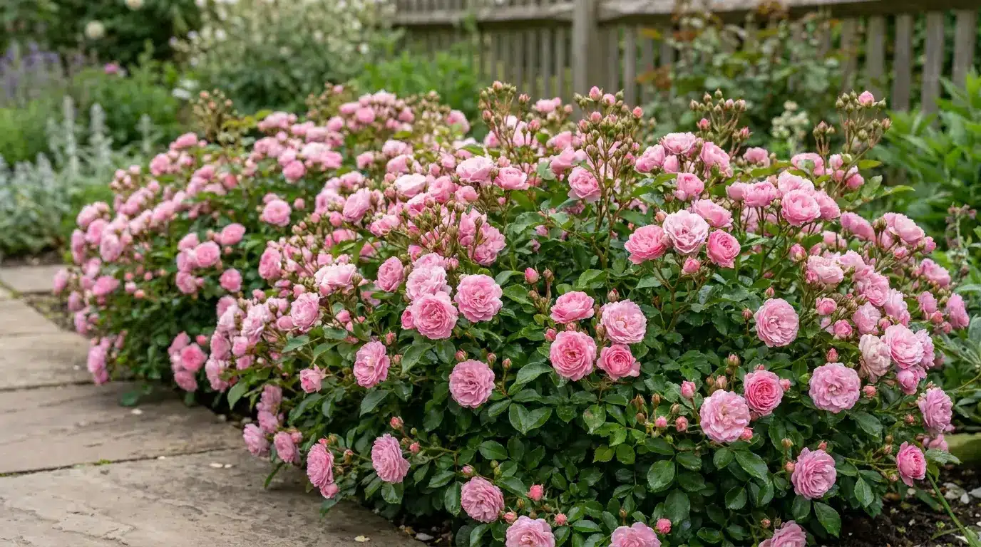 pink Polyantha roses blooming in dense clusters along a garden border and in terracotta pots