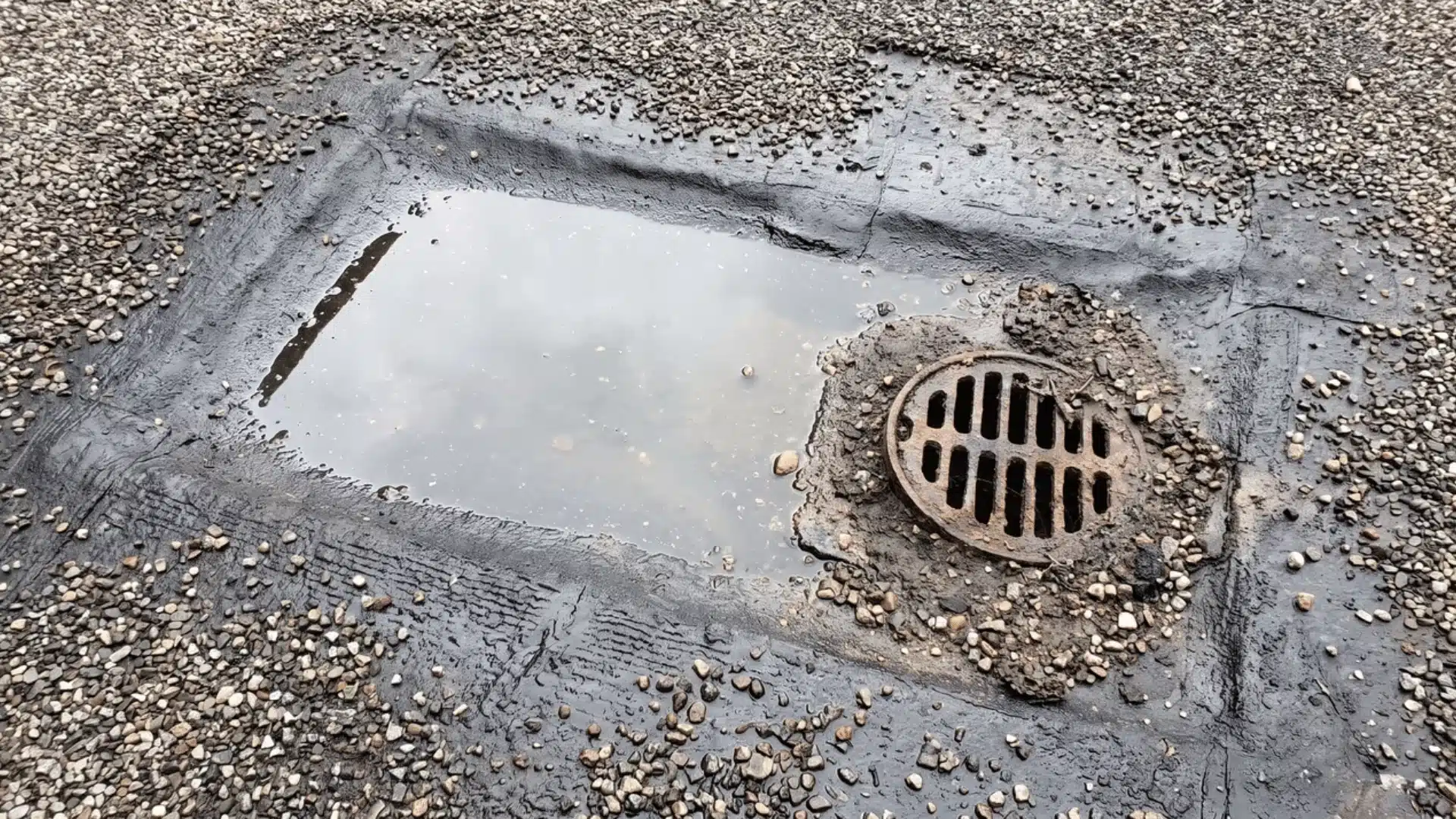 Flat tar and gravel roof with standing water collected in a low area near a drain