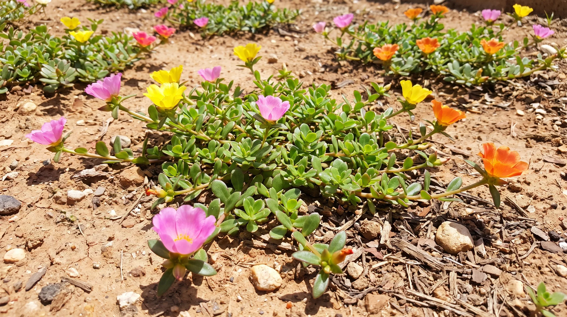 Portulaca flowers and succulent leaves growing in a sunny dry garden