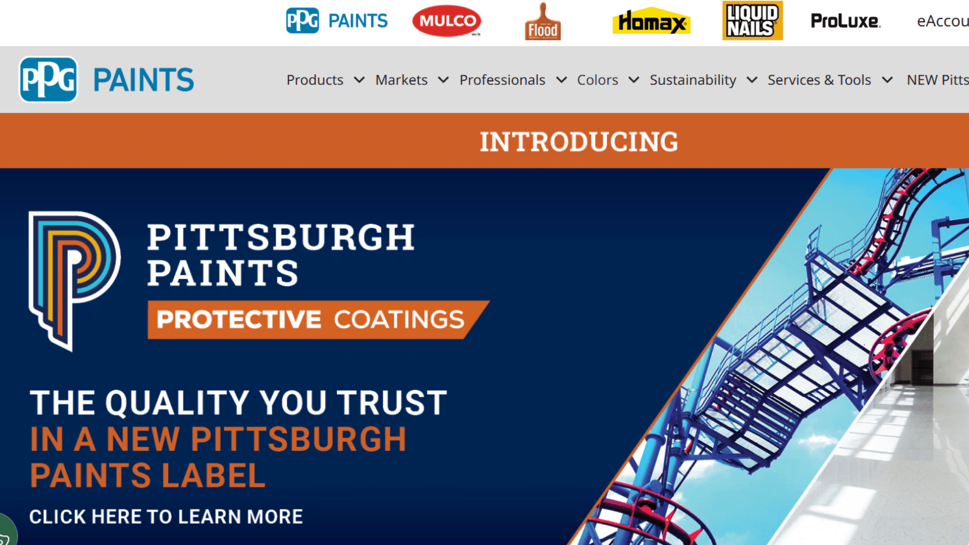 ppg paints homepage introducing pittsburgh paints protective coatings with industrial facility images and learn more message