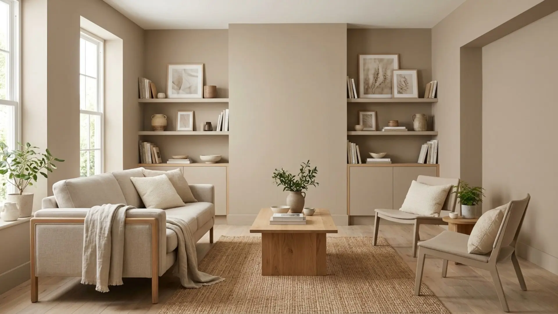PPG Whiskers taupe-beige living room with neutral furniture, wood accents, and soft natural lighting.