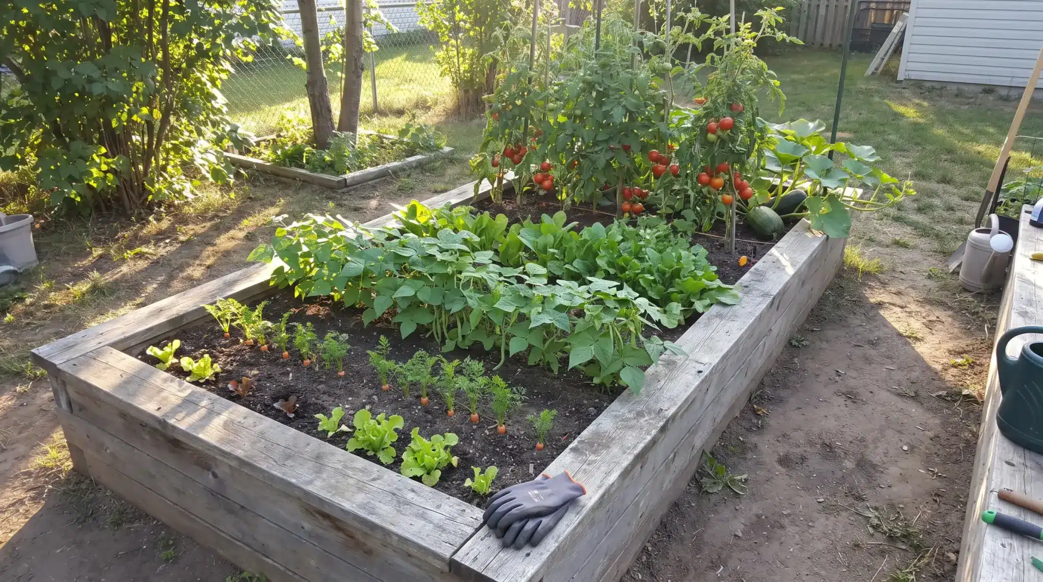 Vegetable garden showing crops at different growth stages for continuous seasonal harvests.