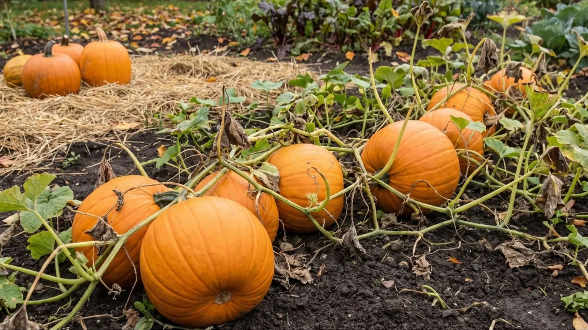 Orange pumpkins growing on vines in a fall garden