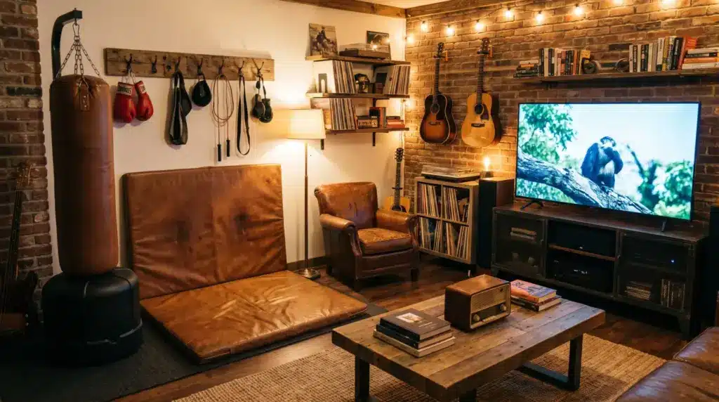 Punching bag corner combining fitness and relaxation in a small man cave.