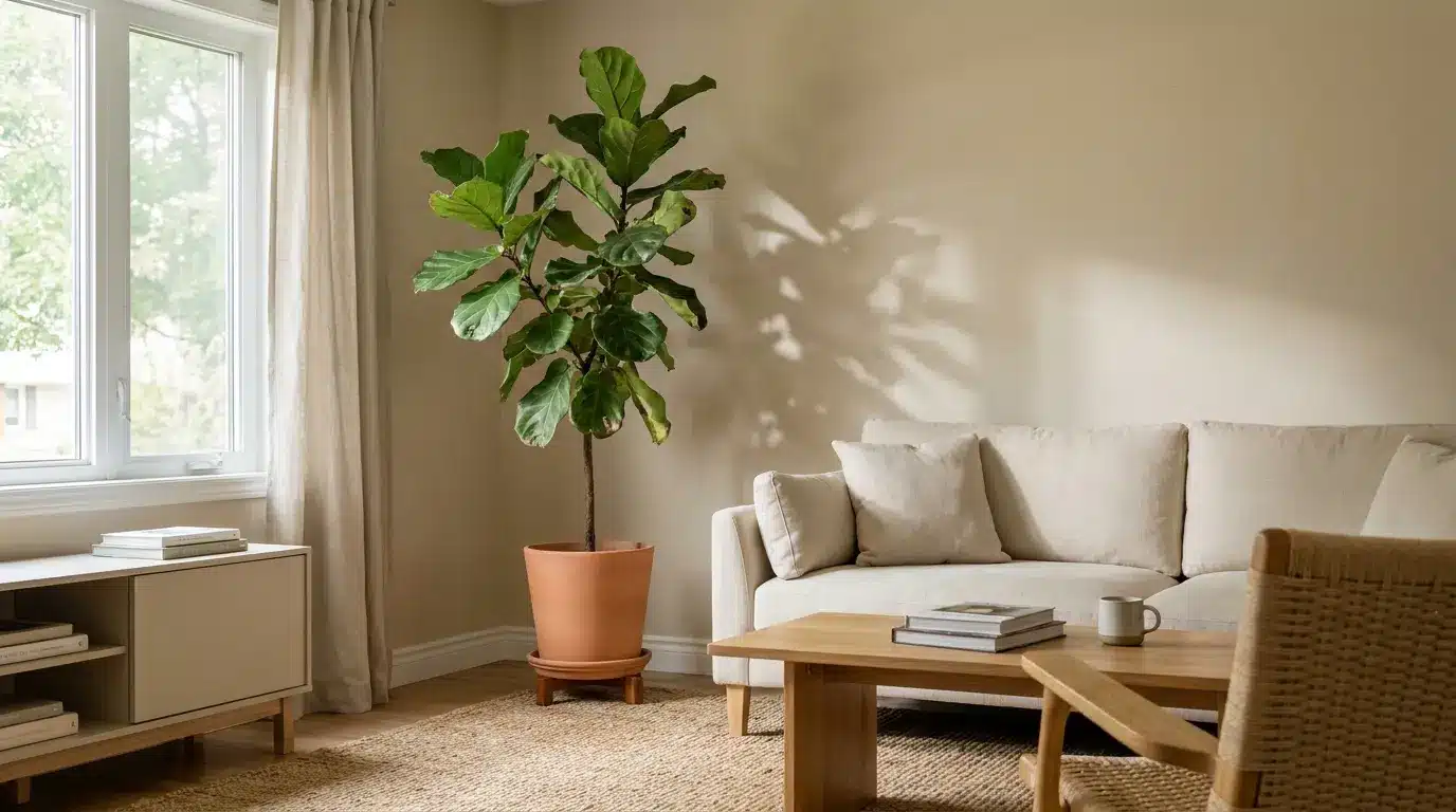 tall floor plant fills an empty living room corner, adding natural height, greenery, and warmth beside the sofa