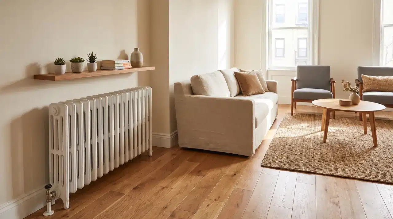 Living room with radiator wall, floating shelf, spaced furniture, and practical layout design.
