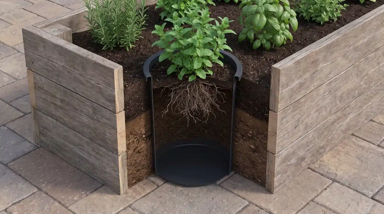 Cutaway view of a raised garden bed with a buried container containing a mint plant and nearby herbs