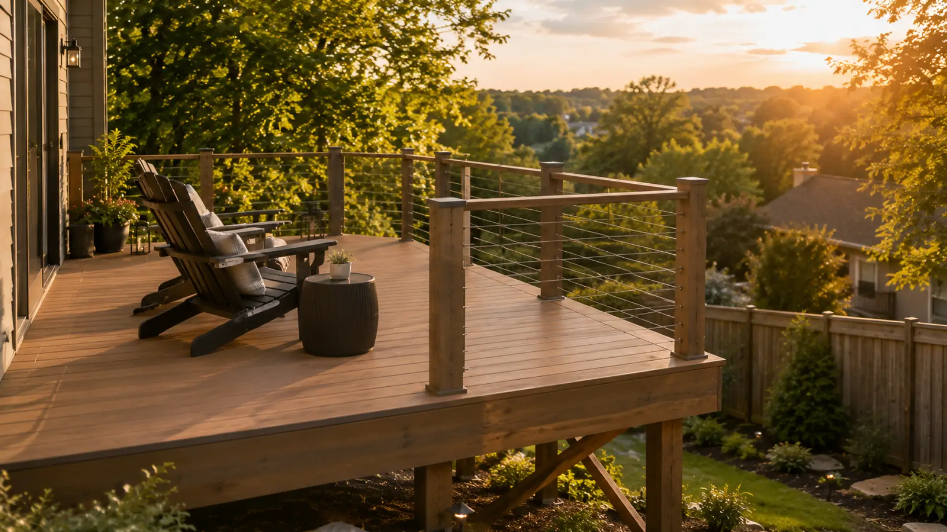 Raised deck elevated above sloped ground, with cable railing framing an open view across the backyard
