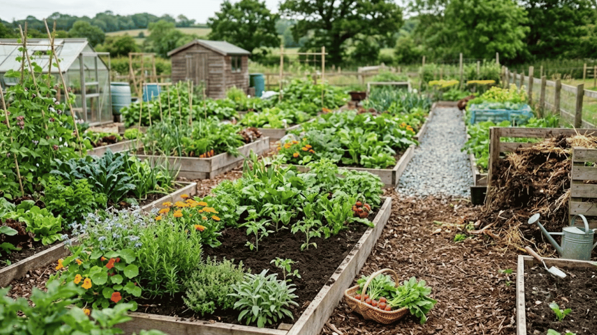 raised garden beds filled with vegetables and flowers beside a greenhouse along a gravel path in a lush garden