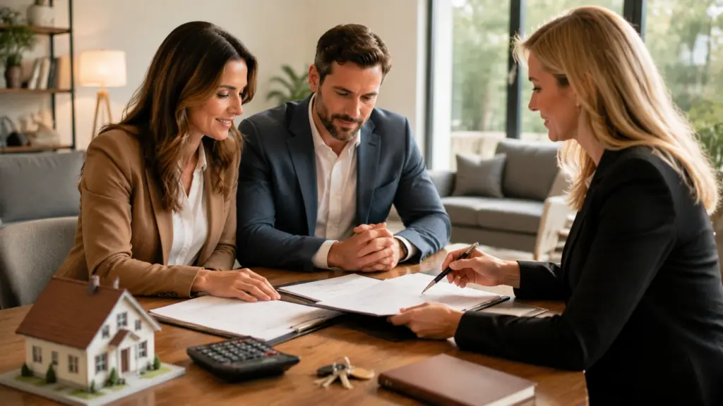 Two people reviewing real estate paperwork with an agent at a desk with a house model and calculator