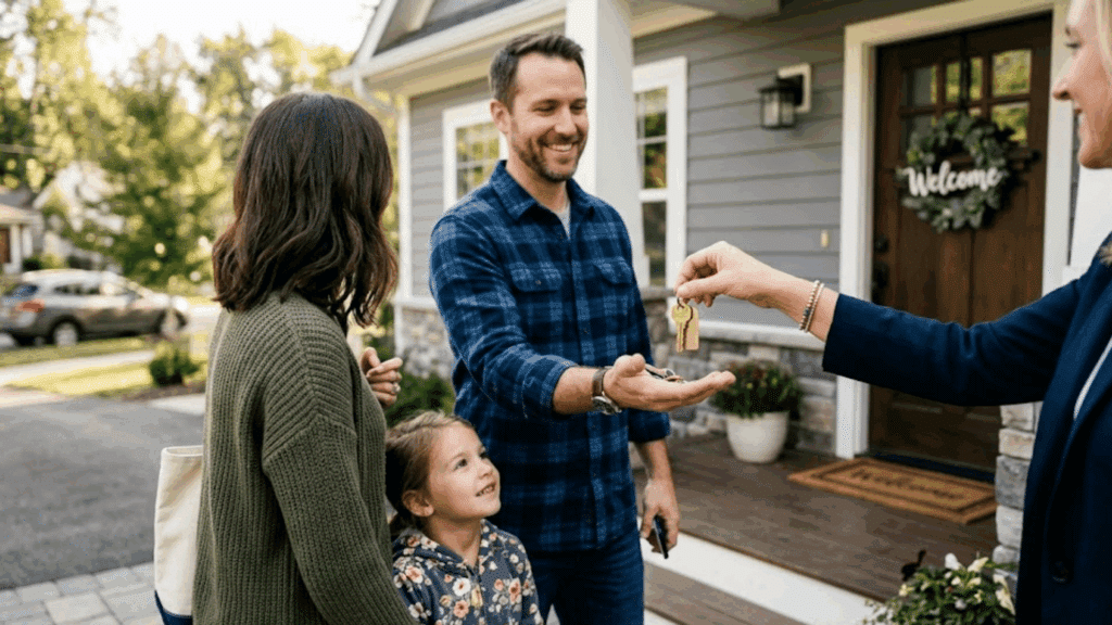 How Long Does It Take to Buy a House? real estate agent handing house keys to a smiling family standing outside their new home with a young child watching excitedly