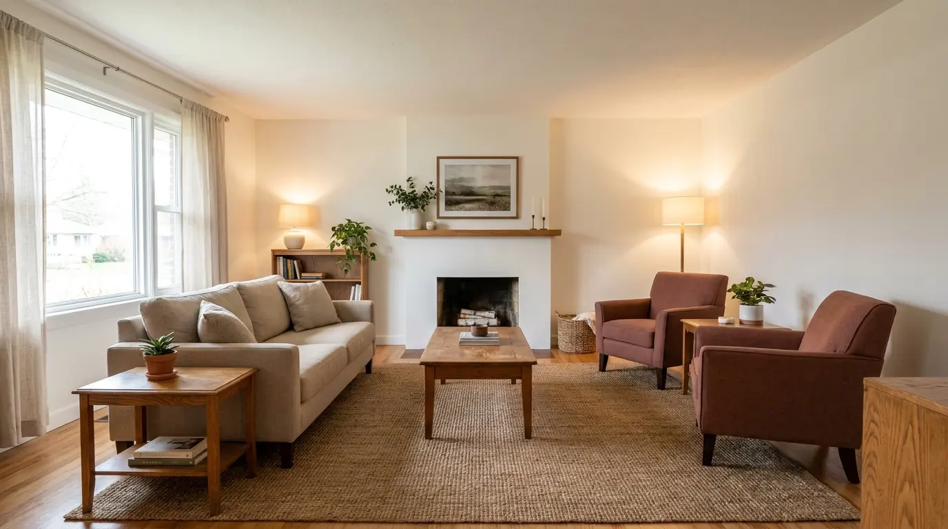 living room seating pulled from the walls and arranged around a fireplace, creating a balanced conversation area
