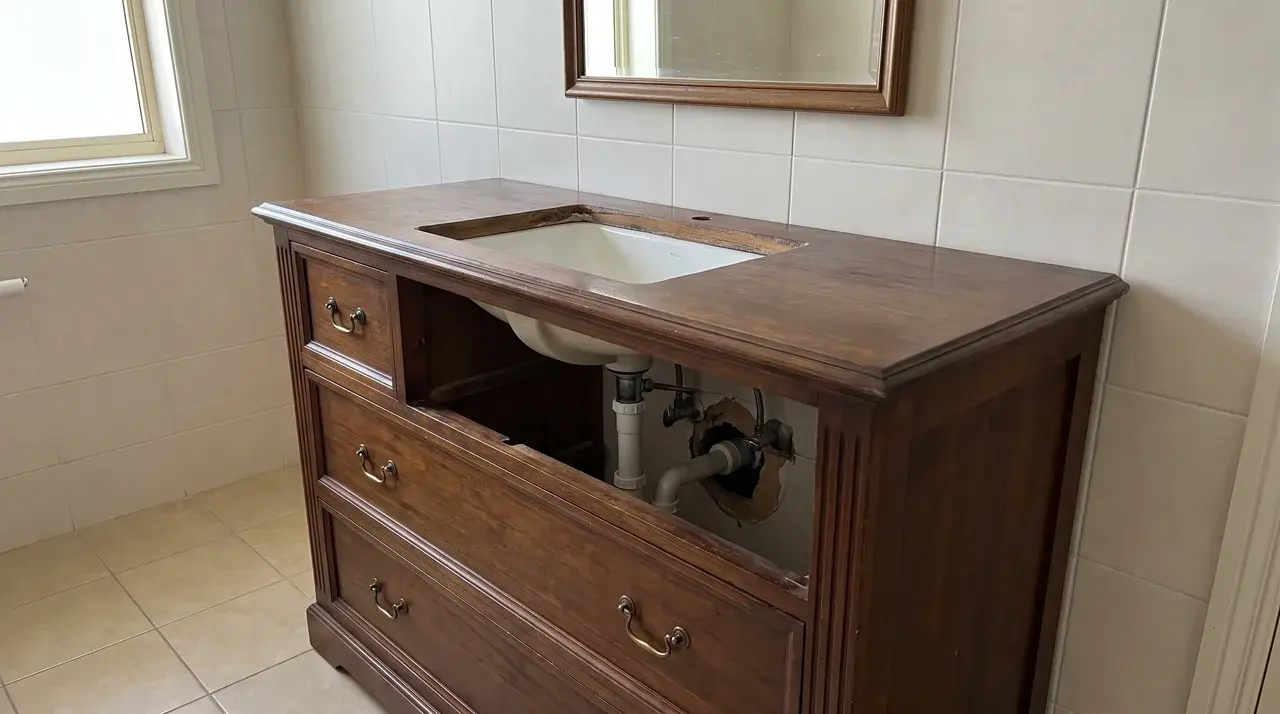 Wood dresser with sink and drain openings cut into the top and back panel