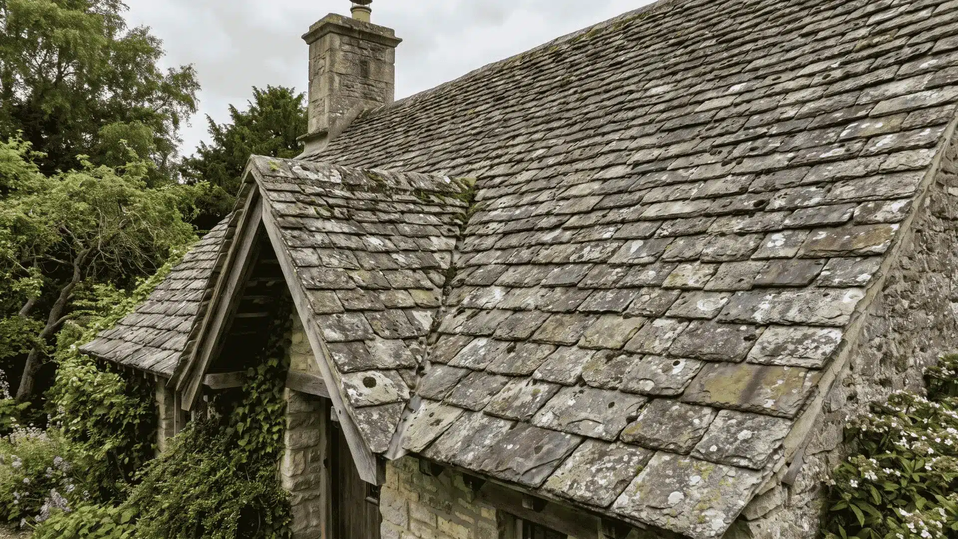 Reclaimed slate roof on a traditional home showing natural stone roofing tiles.