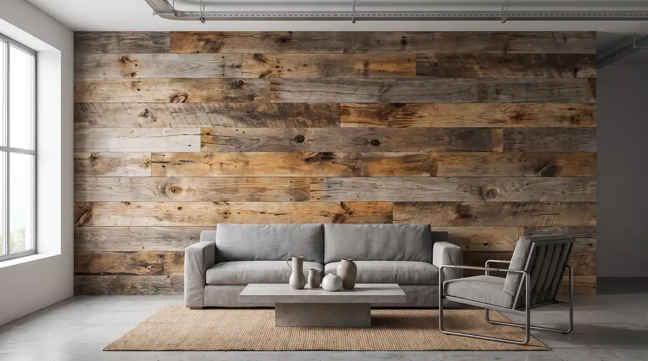 Living room with a reclaimed wood plank feature wall showing weathered grain, knots, and varied wood tones