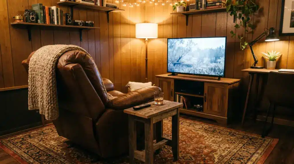 Leather recliner with side table creating a cozy relaxation area in a man cave.