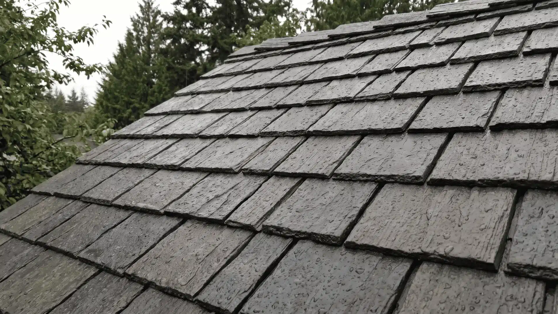 Recycled rubber shingles installed on a sustainable residential roof.