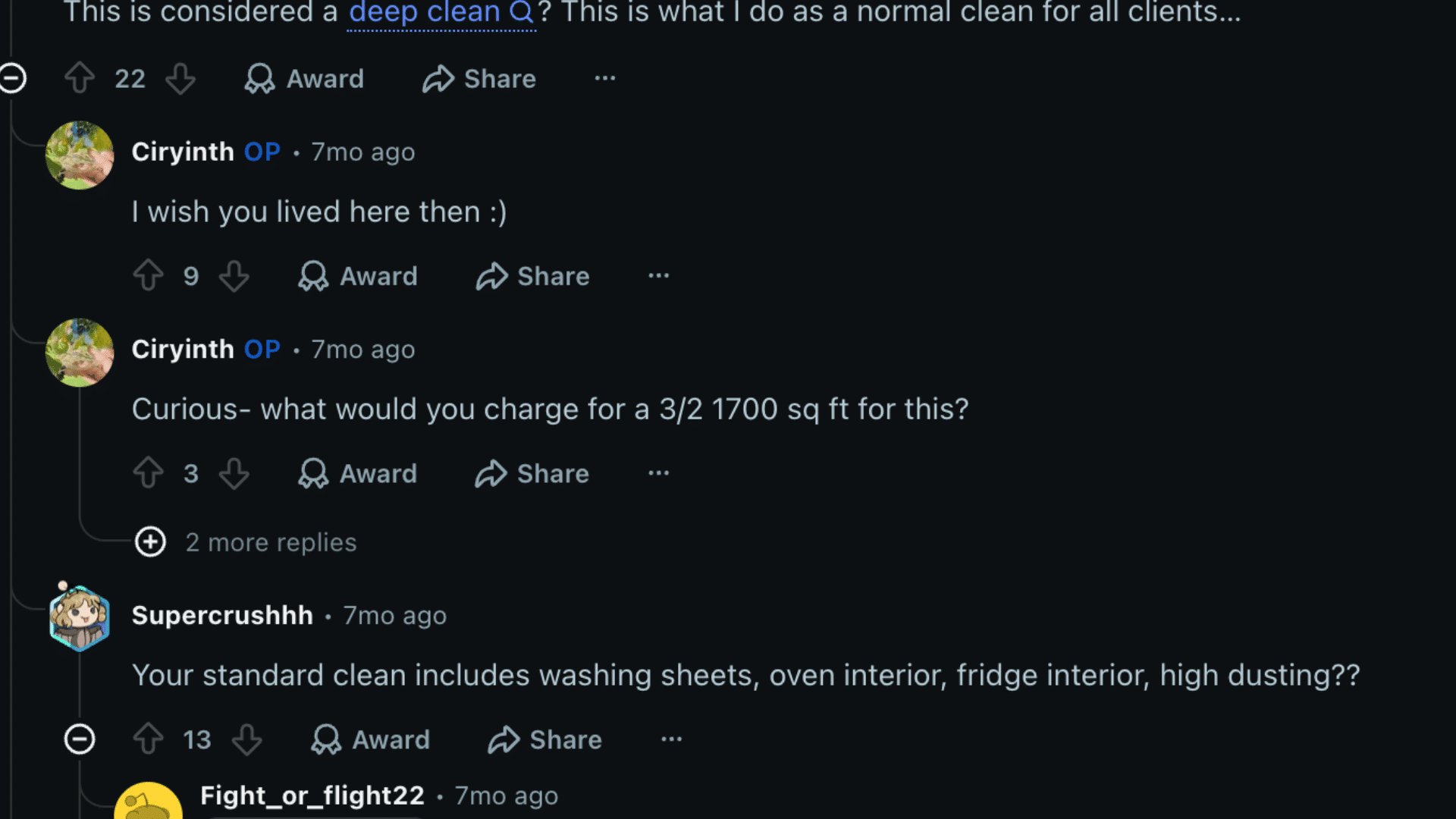 Reddit comments discussing whether a deep cleaning checklist counts as deep clean or regular cleaning