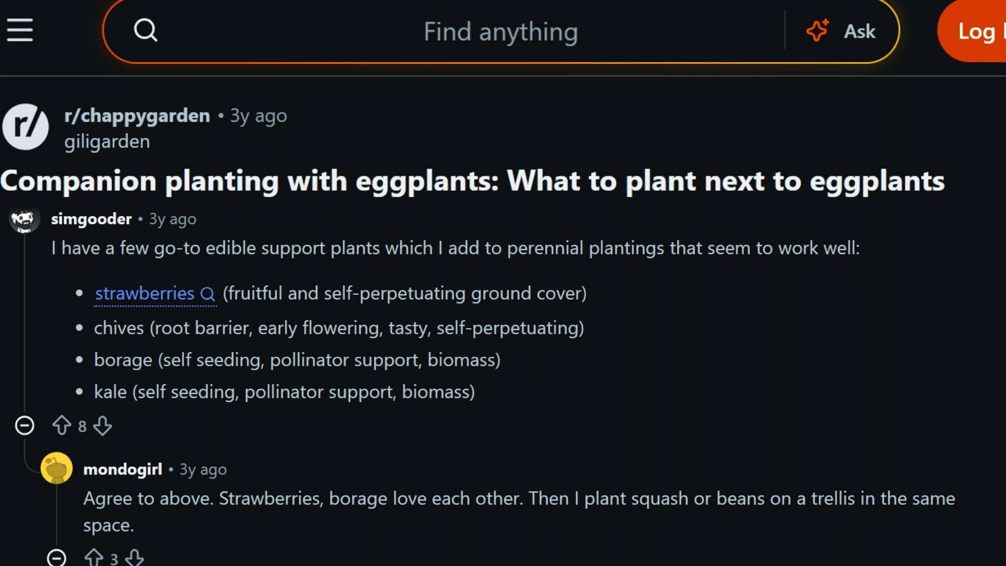 reddit users sharing their advice about companion planting with eggplants