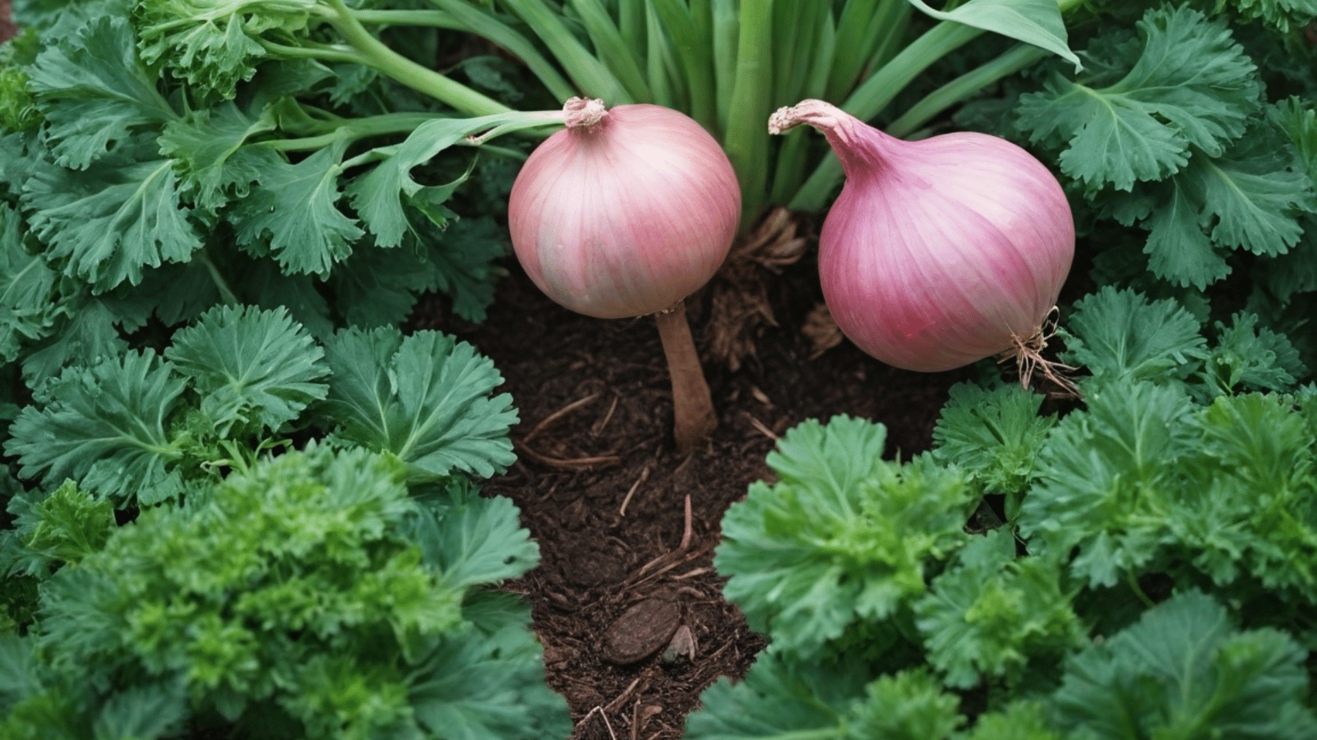 red onion bulbs growing on tall green stalks surrounded by lush leafy herbs in a well tended garden bed with rich soil