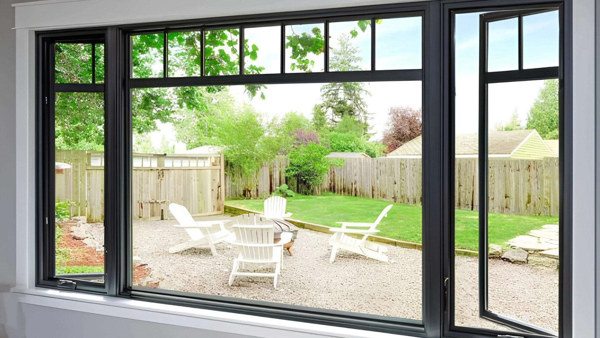 Modern dark grey composite frame window looking out onto a backyard patio with chairs.