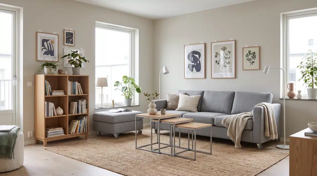 Rental living room with movable furniture, bookshelf, rug, and flexible no-build design.