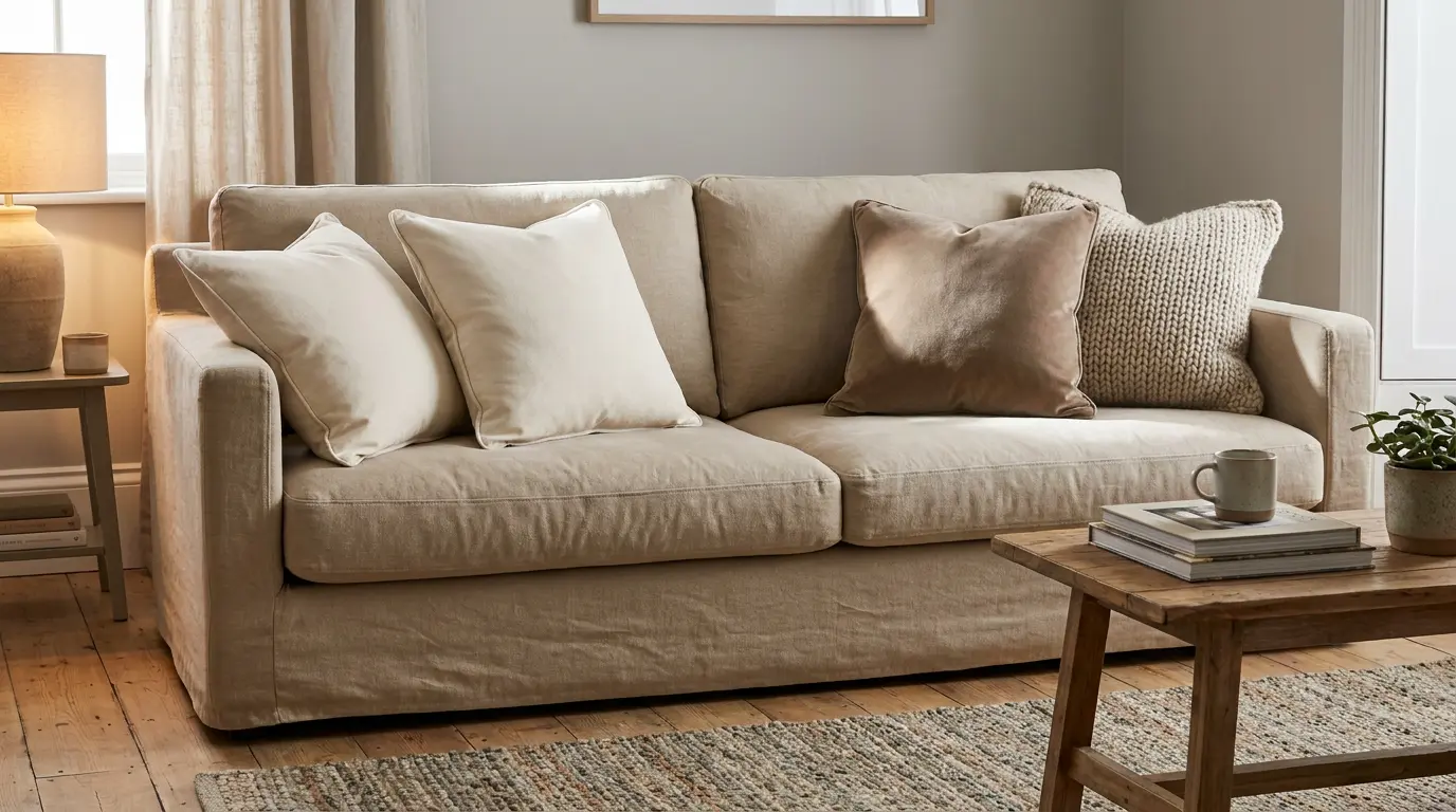neutral sofa with velvet, linen, and chunky knit pillows creates a layered, warm, and intentionally styled seating area