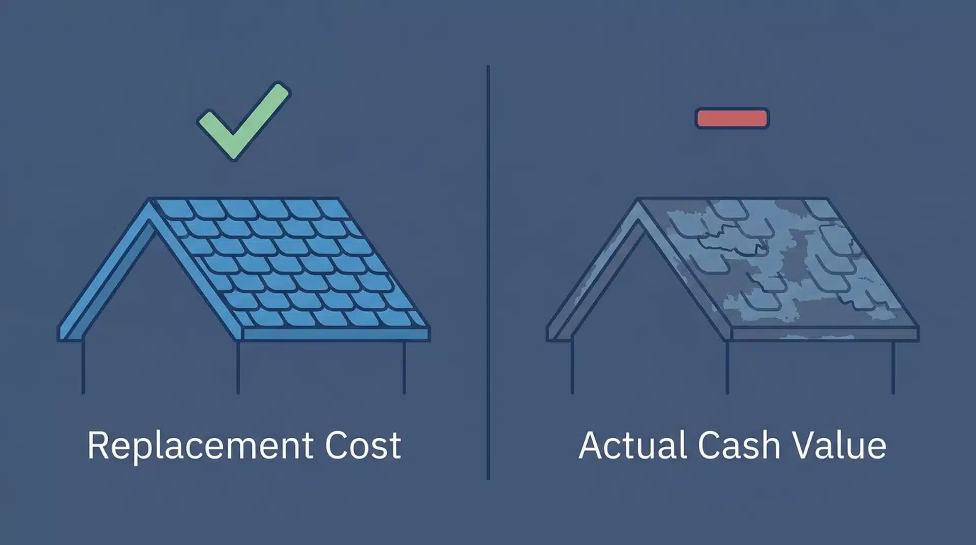 Split image comparing replacement cost and actual cash value roof payouts