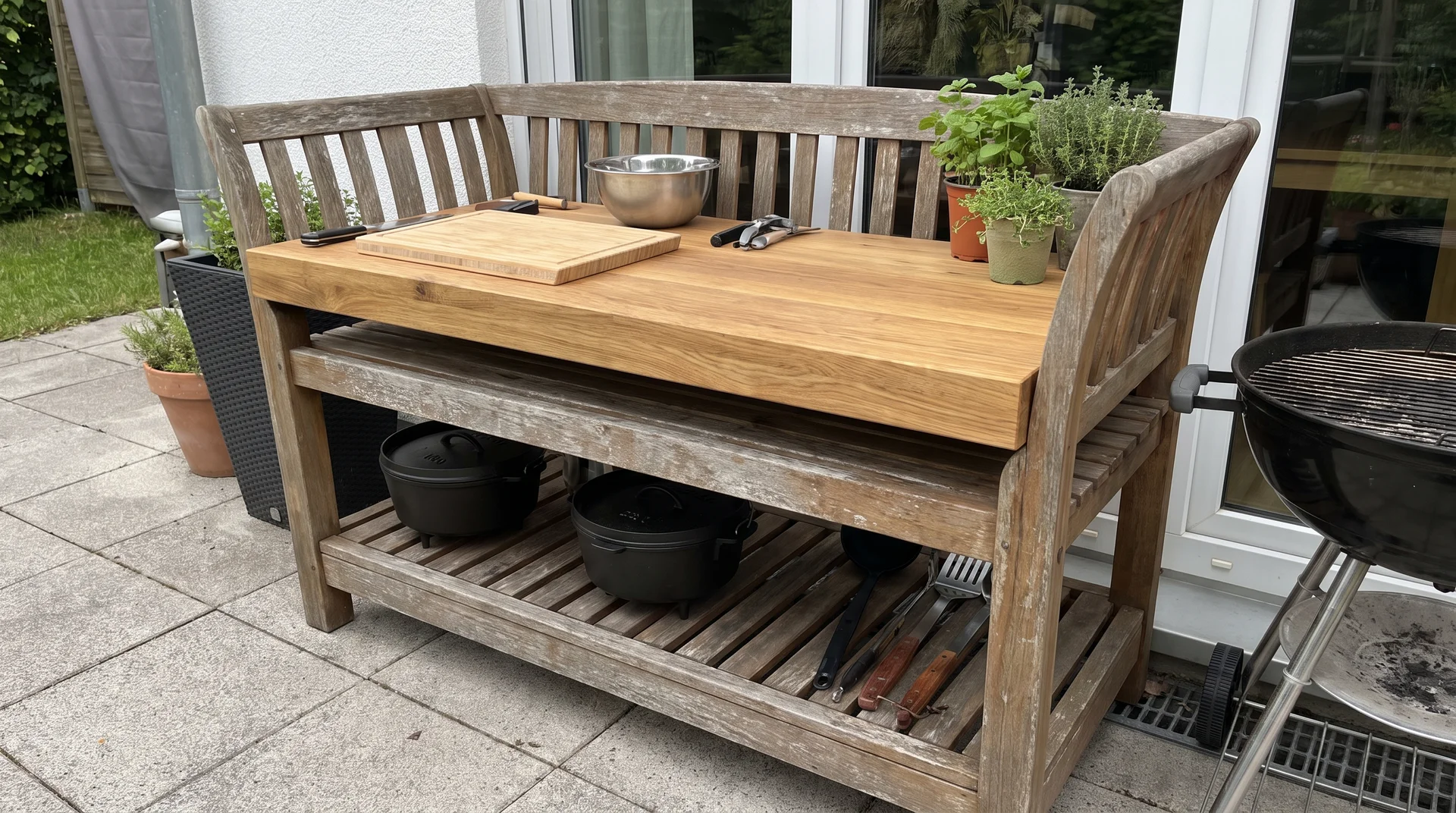 Repurposed outdoor furniture used as a DIY kitchen prep and serving station