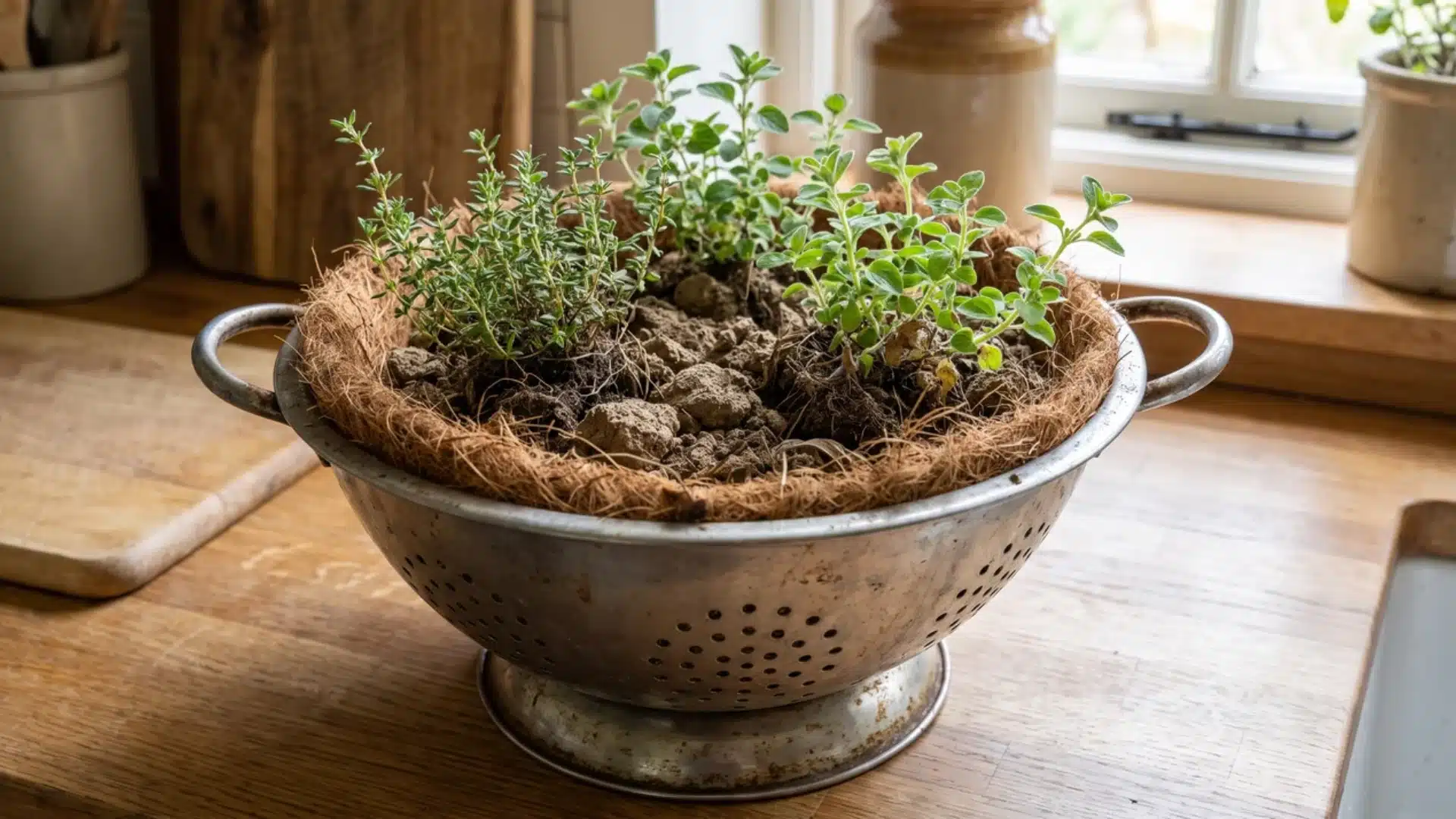 metal colander planter with coconut coir lining and thyme oregano marjoram growing in soil