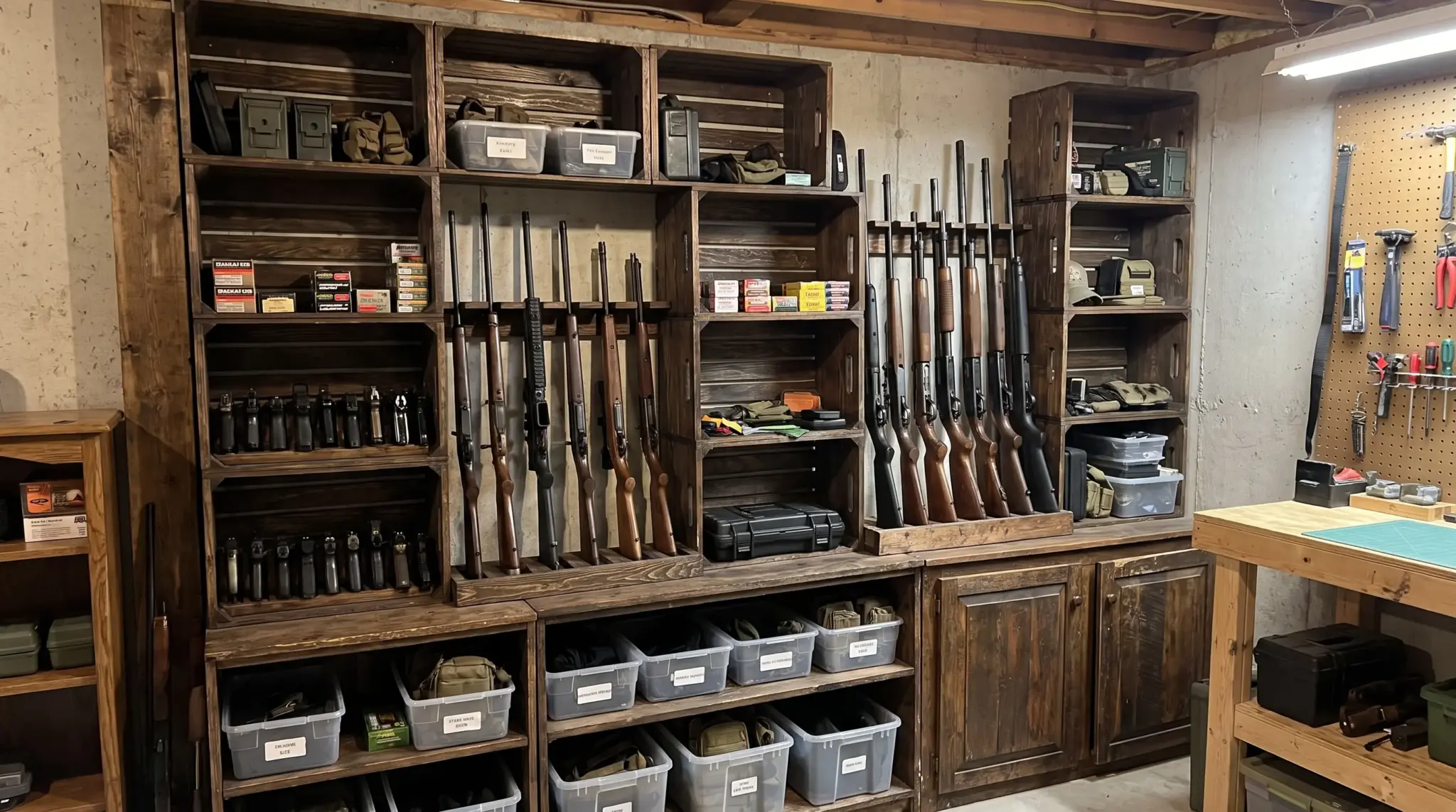 Repurposed wooden shelving used as affordable gun storage in a DIY home gun room.