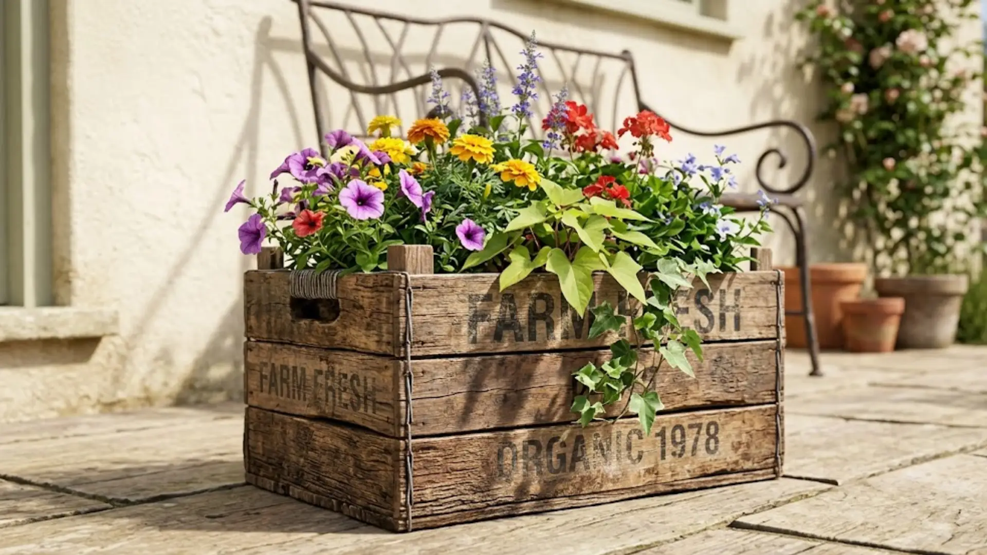 Repurposed wooden crate planter idea for a rustic look