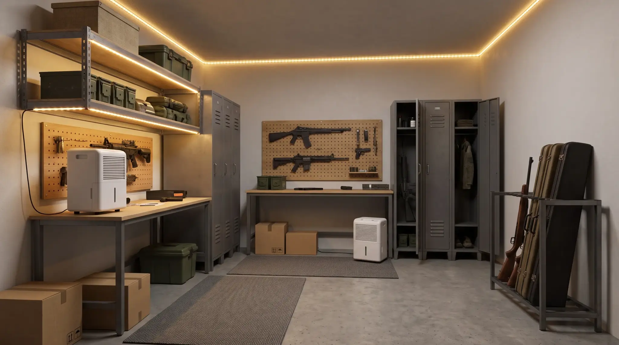 Budget gun room with LED lighting and dehumidifier for safe, organized firearm storage.
