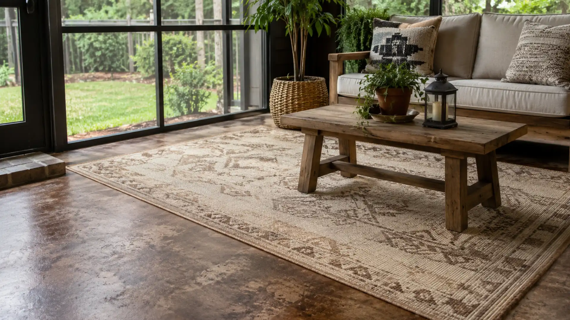 Outdoor rug grounding the flooring on a screened patio