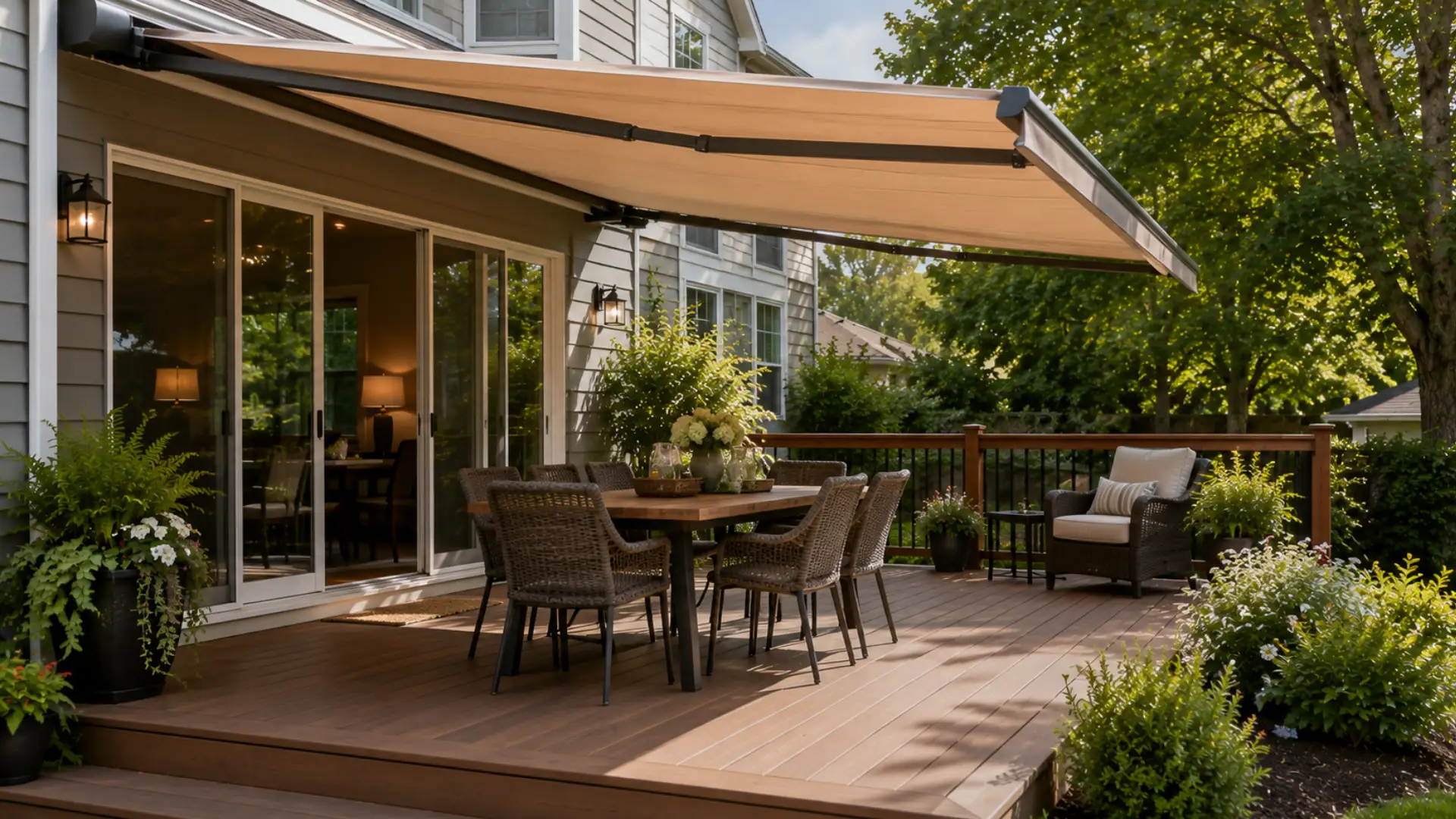 Backyard deck with a retractable fabric canopy extended for shade over an outdoor dining set