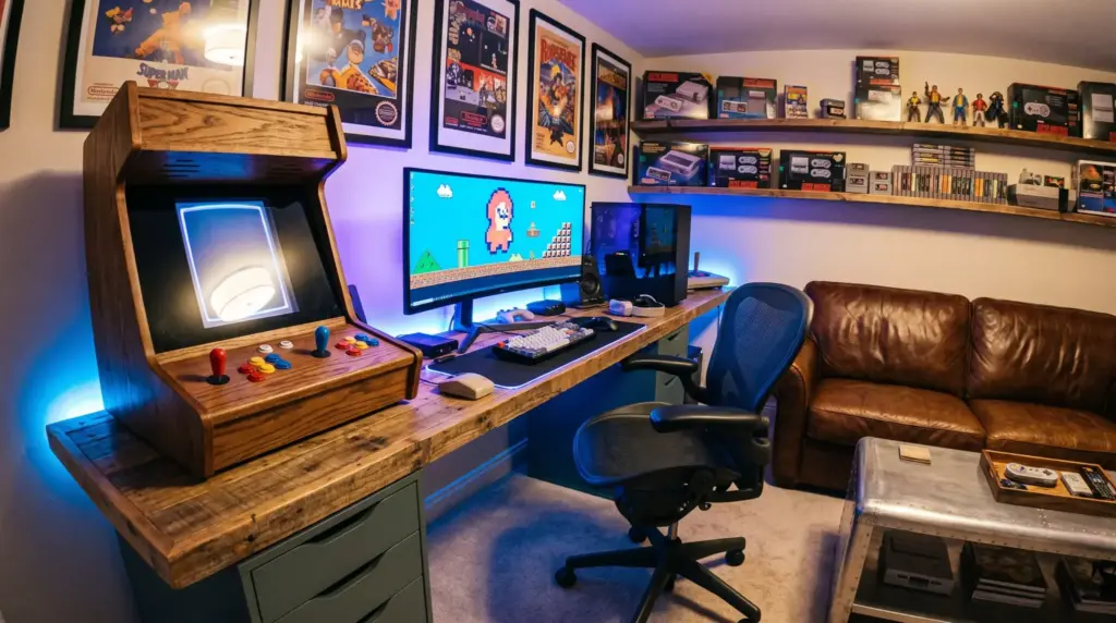 Mini retro arcade cabinet displayed in a compact gaming-focused man cave.