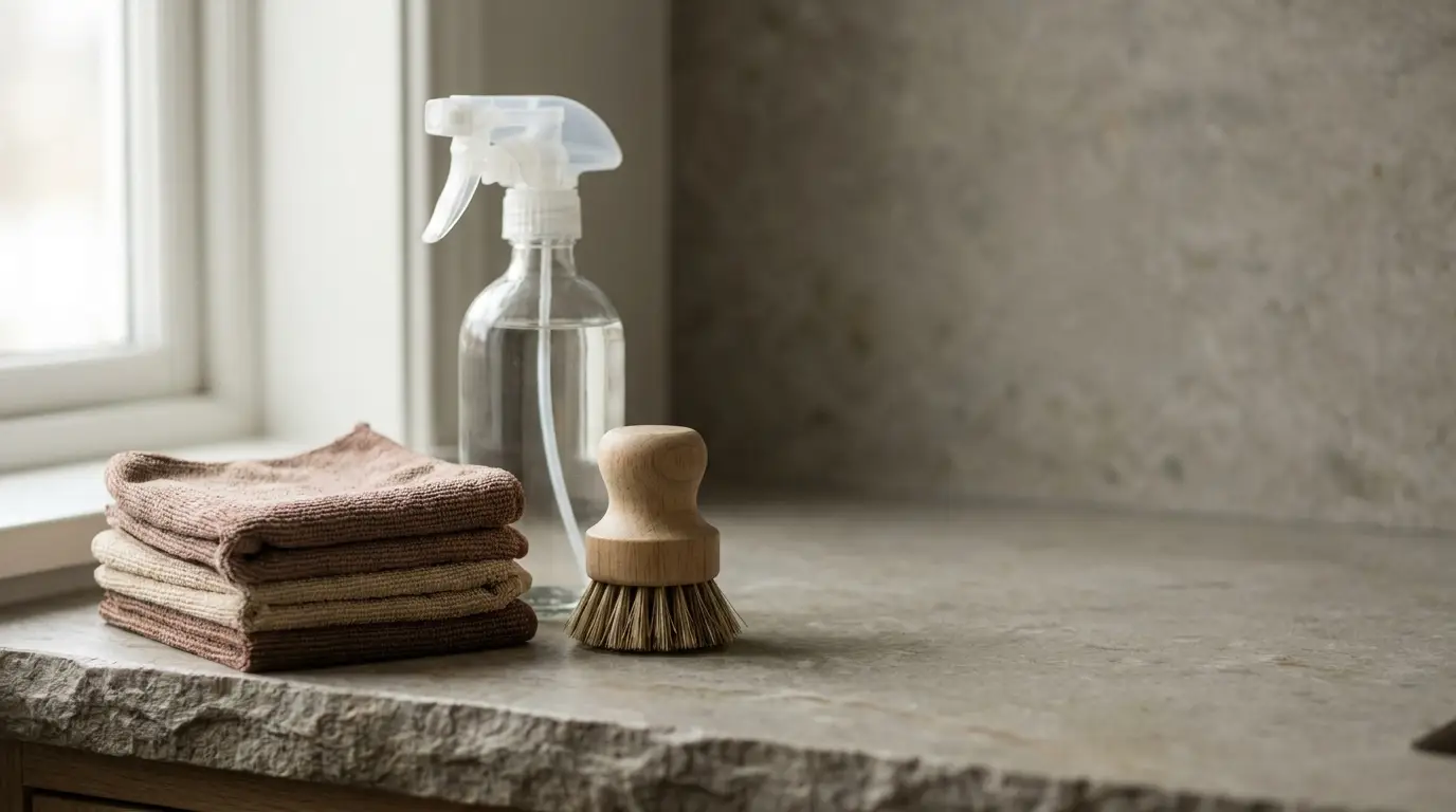 Stacked brown towels, spray bottle, and wooden scrubbing brush on stone countertop in natural light
