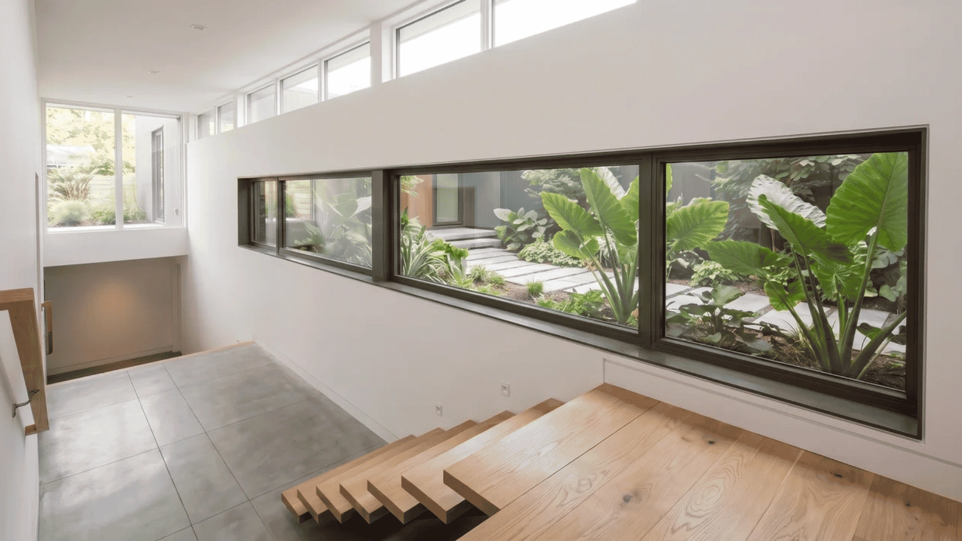 Interior view of ribbon windows bringing light into a modern room