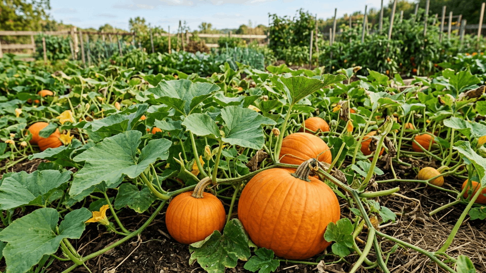 ripe orange pumpkins growing on sprawling vines across a lush vegetable garden with healthy green leaves and rich soil