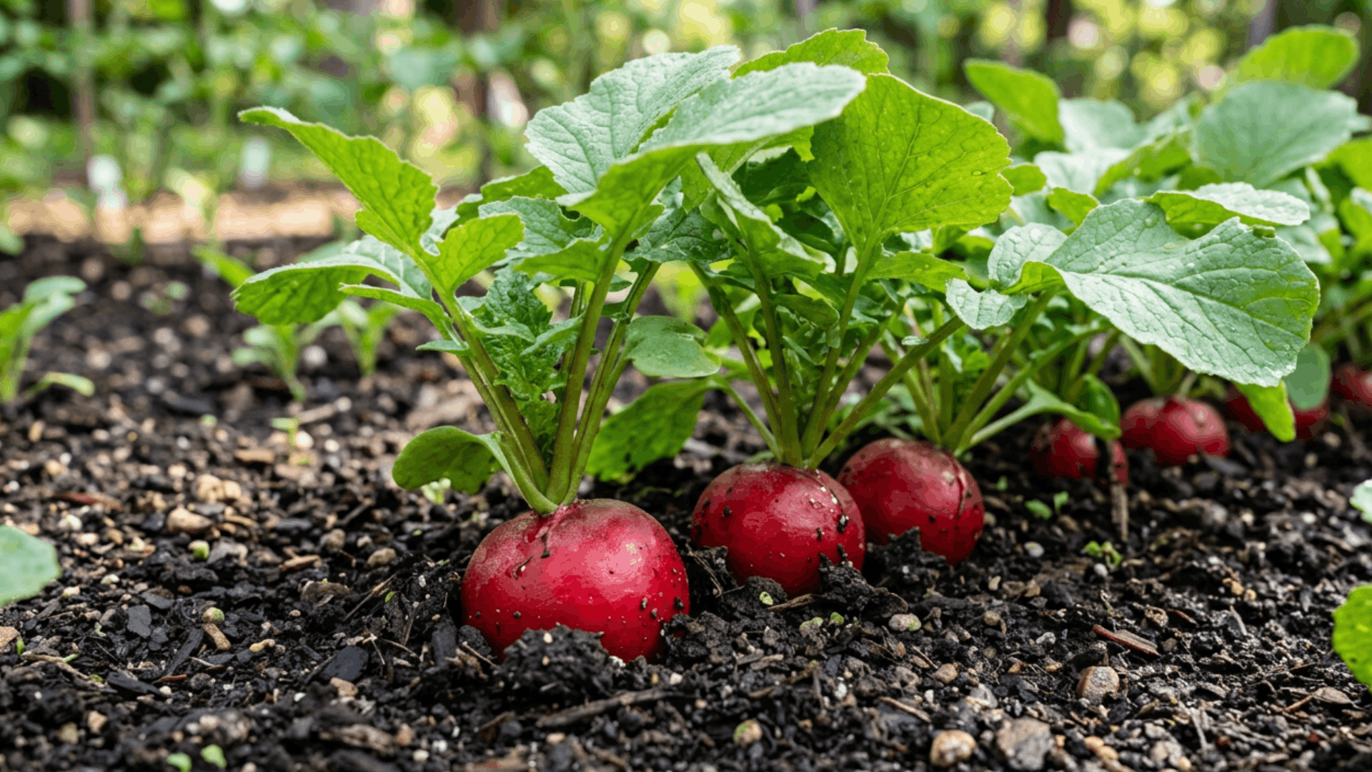 ripe red radishes growing in dark garden soil with leafy green tops standing upright in a healthy vegetable bed outdoors