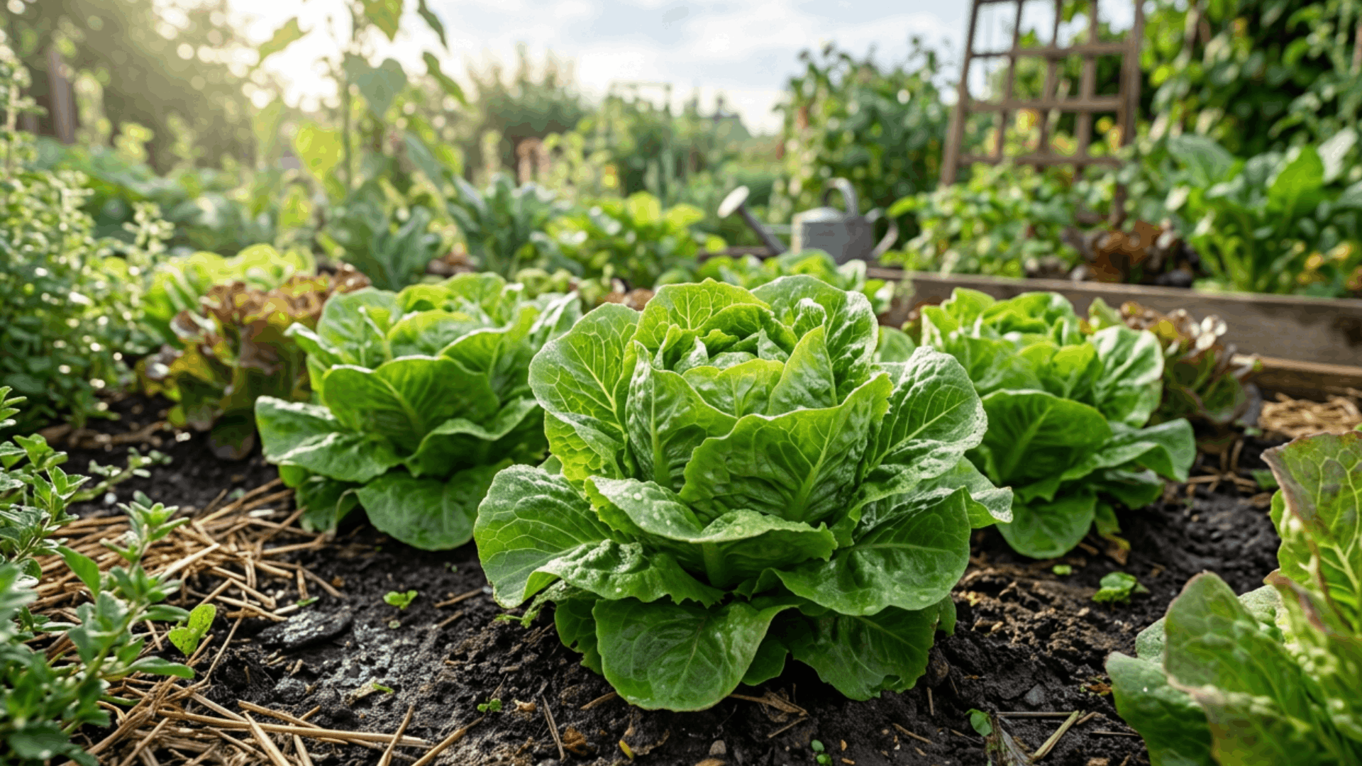 romaine lettuce growing in neat raised garden beds with rich soil and lush vegetables in a sunny backyard garden