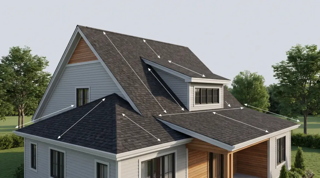 Roof Pitch Chart: Degrees, Slope Factor & Pitch Explained Residential roof showing different pitch angles and slope shapes from an exterior view
