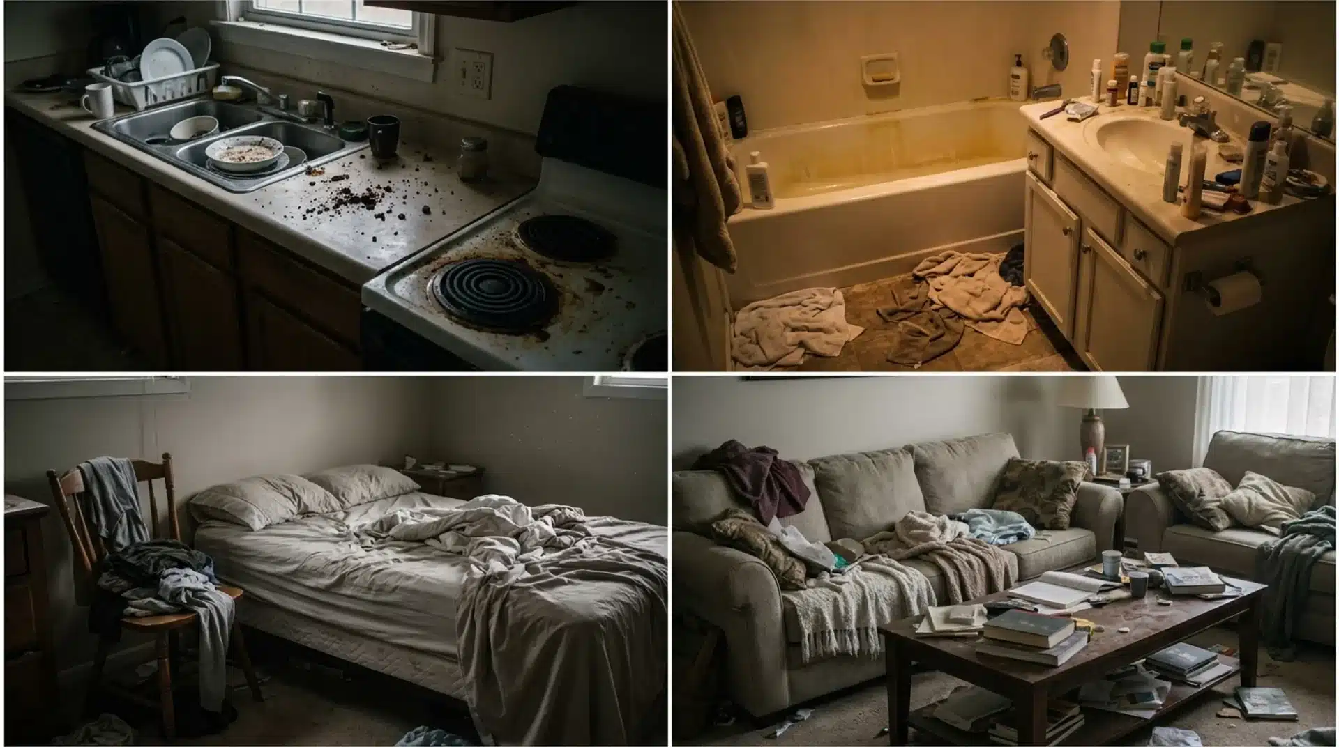 Collage of four messy, cluttered home rooms before a spring cleaning checklist guide