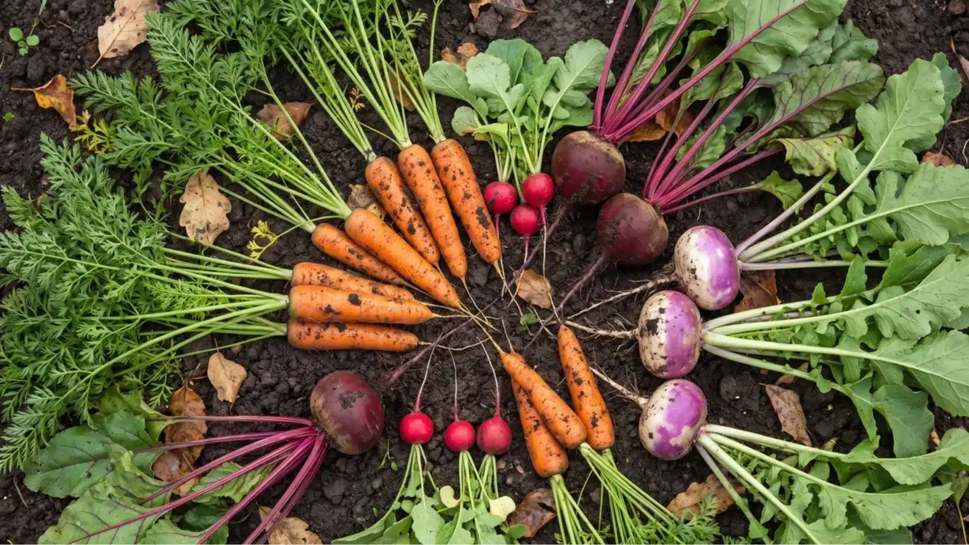 Carrots, beets, radishes, and turnips growing in fall soil