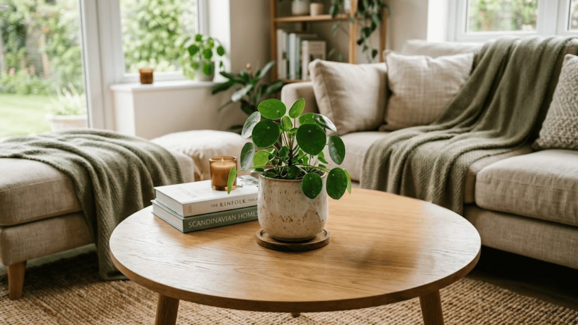 round wooden coffee table with a potted plant books candle and mug in a cozy living room with soft blankets and greenery